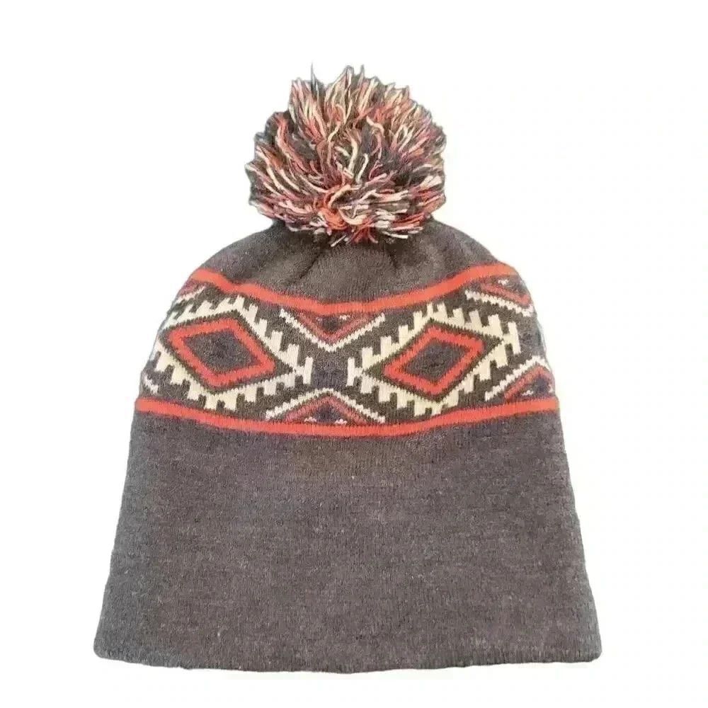 Native Adult Unisex Gray Aztec Acrylic Knit Cuffed Beanie w Pom-Pom
